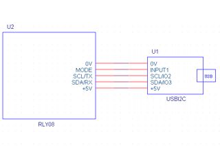 Esquema eléctrico del circuito de control de reles RLY08 conectado por USB. Clic para ampliar.