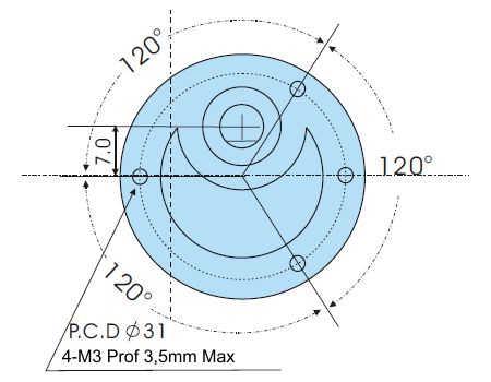 Dimensiones de la parte frontal y orificios de montaje del motor DC.