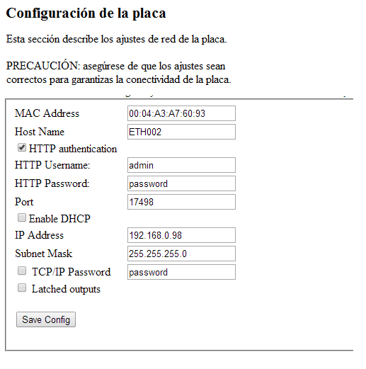 Configuración de controlador relés ETH-002