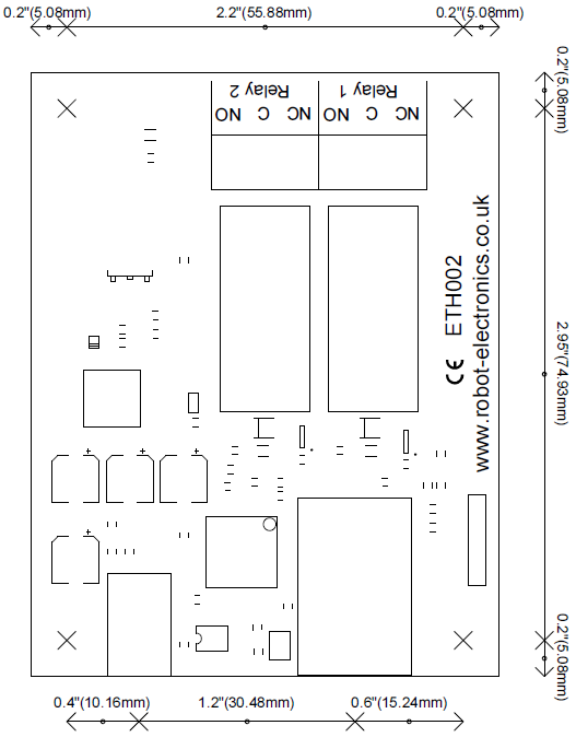 Dimensiones de la placa controlador de relés ETH-002