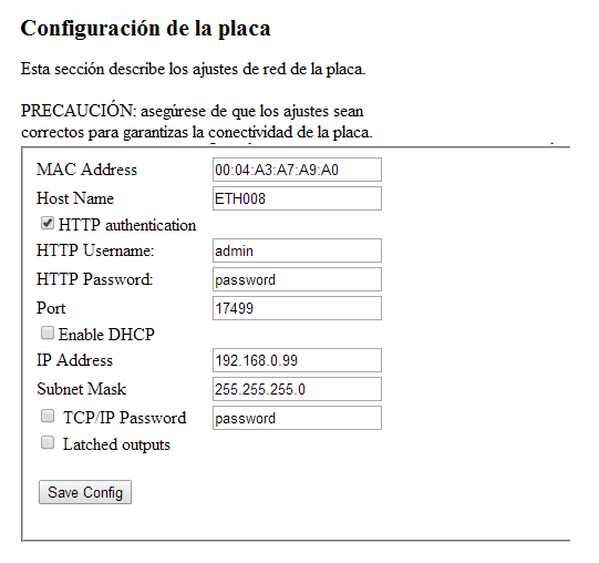 Configuración controlador de relés ETH008