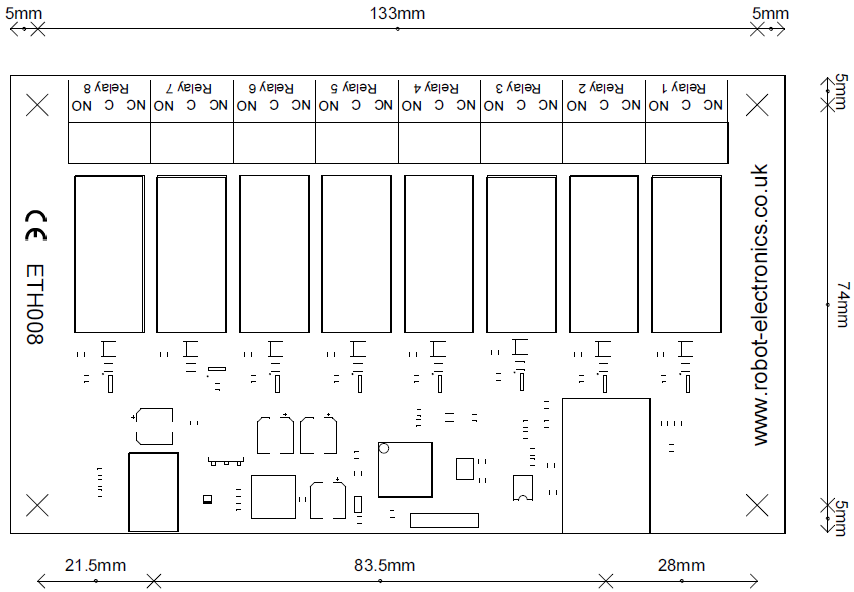 Dimensiones de la placa controlador relés ETH008