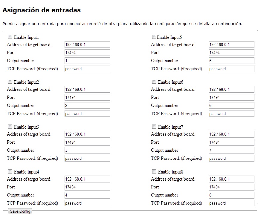 Asignación de entradas a la placa WIFI484