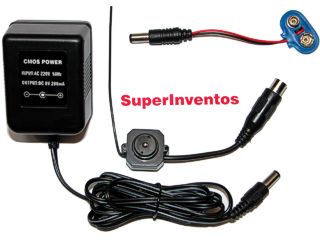 la microcamara puede alimentarse con una pila de 9v, o con el adaptador de corriente incluido