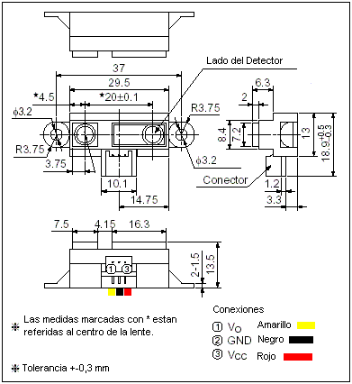 Dimensiones del sensor de distancias Sharp GP2D15