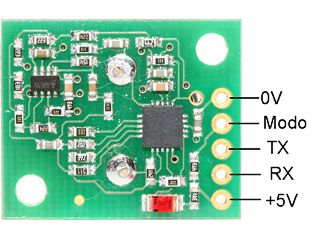 Conexiones del sensor SRF02 en modo serie. Clic para ampliar