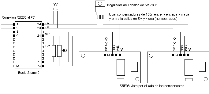 Esquema de conexion de varios sensores de distancias srf08 al modulo Basic Stamp