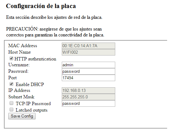 Configuración de la placa WIFI002