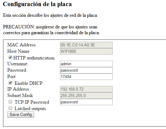 Configuración de la placa WIFI008