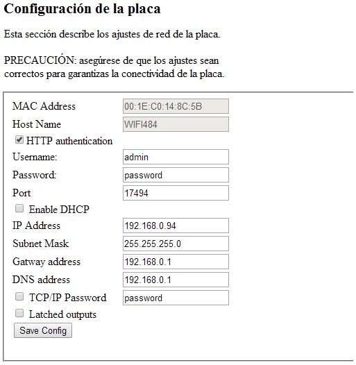 Configuración de la placa WIFI484