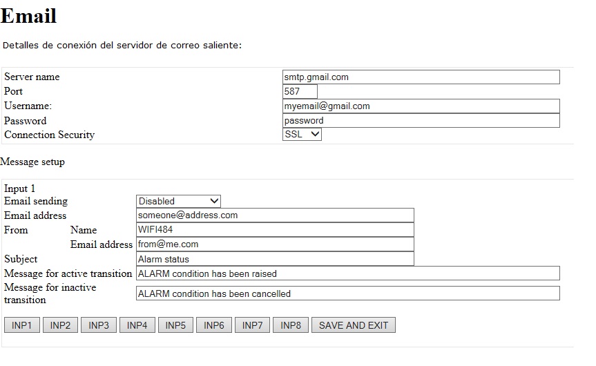 Configuración de email para placa WIFI484