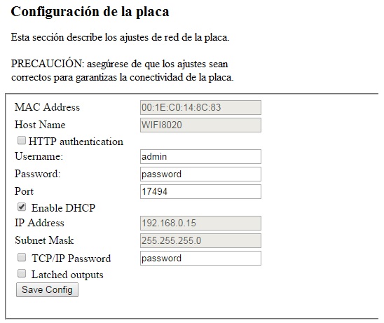 Configuración de la placa WIFI8020