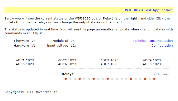 Página test de aplicación para placa WIFI8020