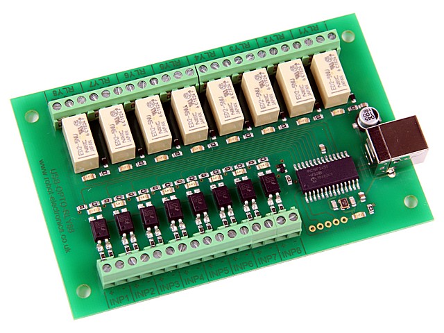 CONTROLADOR DE 8 RELES Y 8 ENTRADAS OPTOAISLADAS RLY88 POR USB. Clic para ampliar